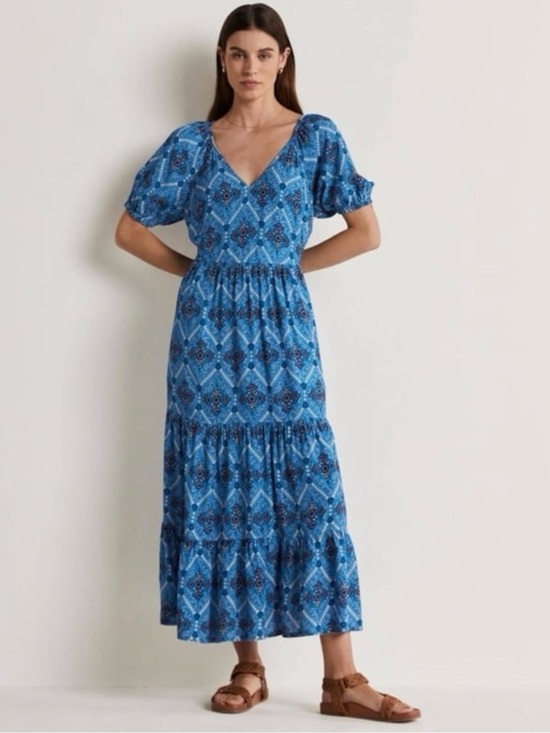 Boden Dresses & Skirts - Boden V-Neck Midi Dress Mosaic Blue Poppy Bloom Tiered Puff Sleeve Sz 6